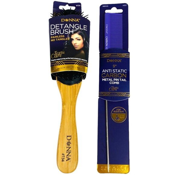 Donna Wood Detangle Brush & 9" Anti Static Carbon Metal Pin Tail Comb (2-Pack) - Picture 6 of 6